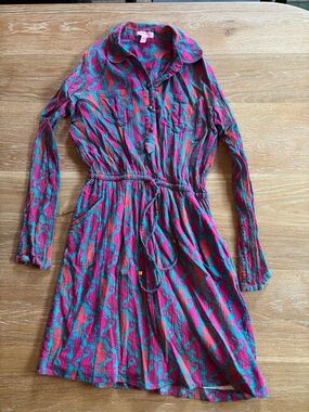 Lilly Pulitzer Pink & Teal Printed Drawstring Shirt Dress